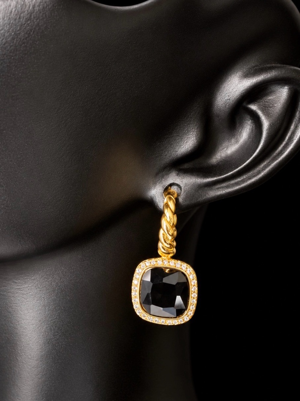 Gold-Tone Black Cushion Drop Earrings